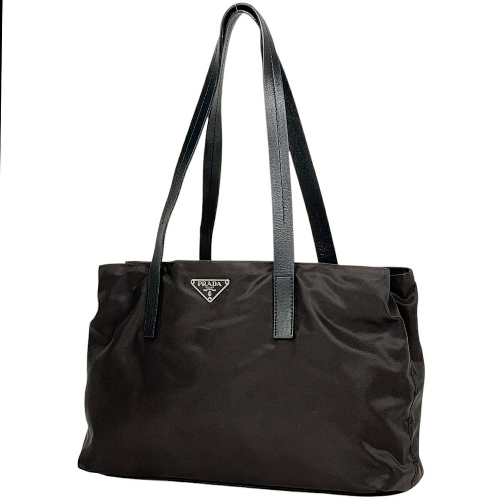 Prada Logo Plate Tote Bag Handbag Shoulder Brown